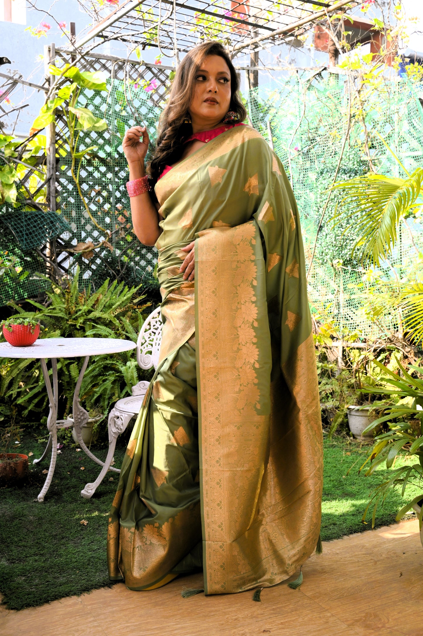 Swarna Pallav - Olive Glow Soft Silk