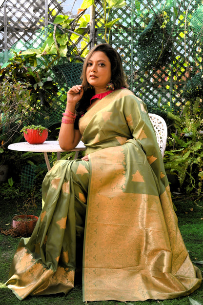 Swarna Pallav - Olive Glow Soft Silk